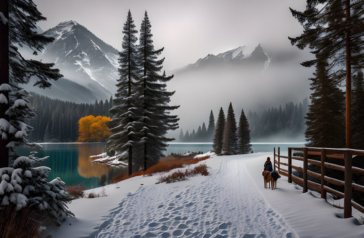 Person admiring misty turquoise lake in winter scene