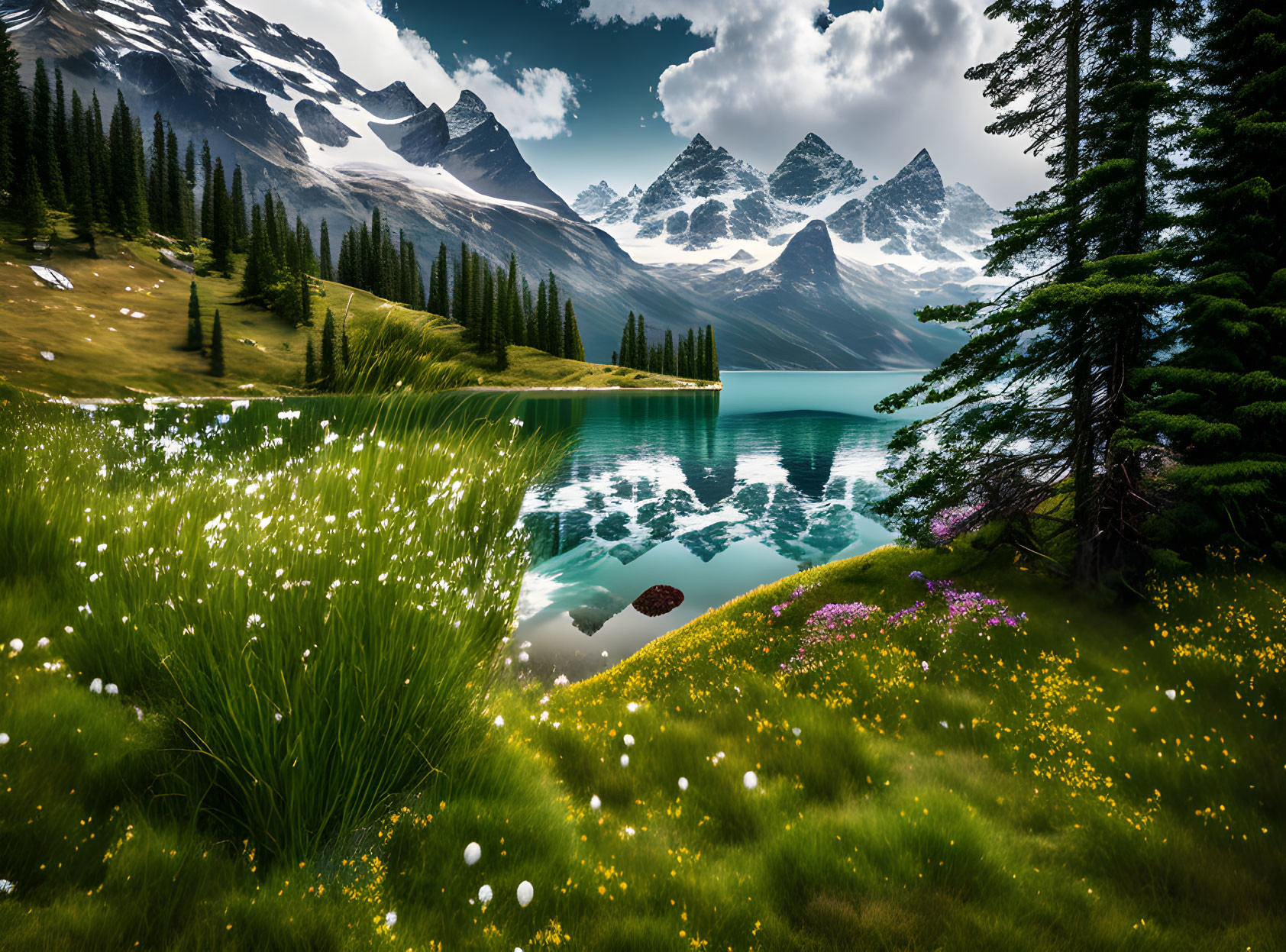 Tranquil alpine lake amidst wildflowers, greenery, and snowy peaks