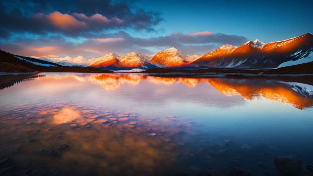 Tranquil lake at sunset with snow-capped mountains and cloud-streaked sky