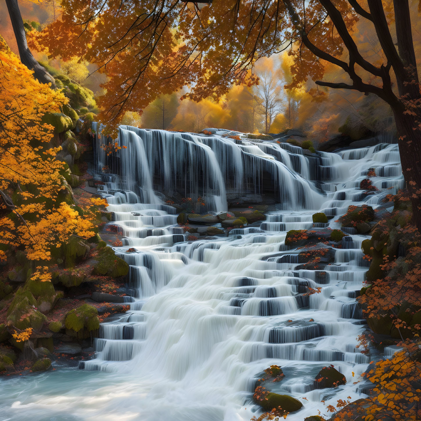 Autumn foliage waterfall scene with vibrant yellow and orange leaves