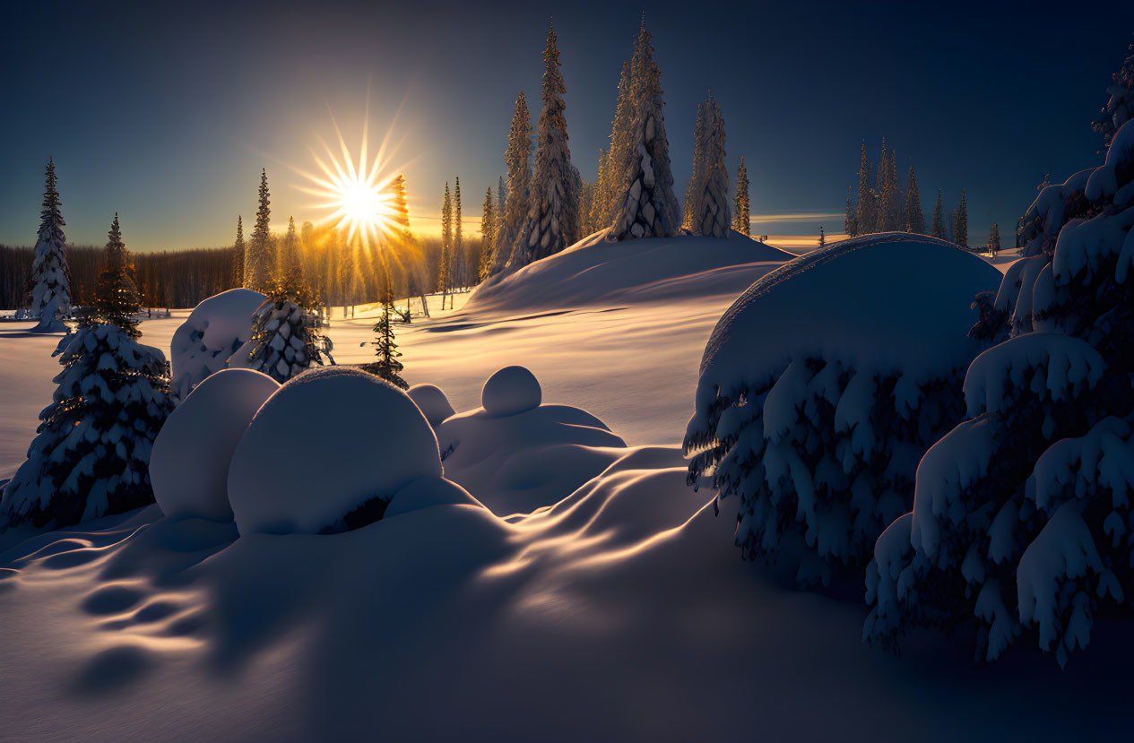 Snowy Sunset Landscape with Pine Trees and Sunburst Effect