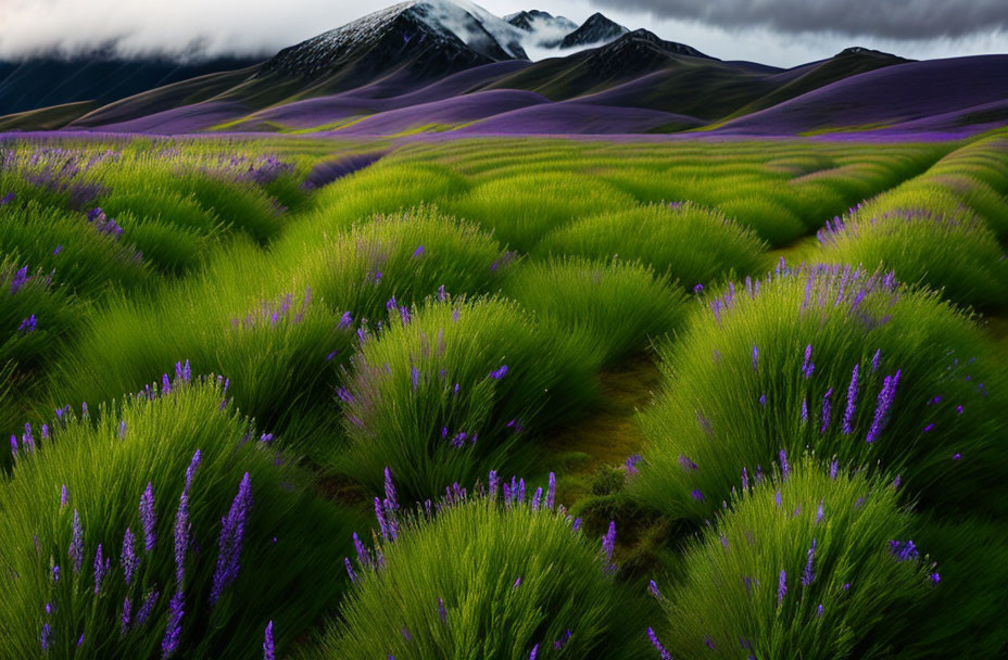 Majestic snow-capped mountains backdrop vibrant purple lavender field