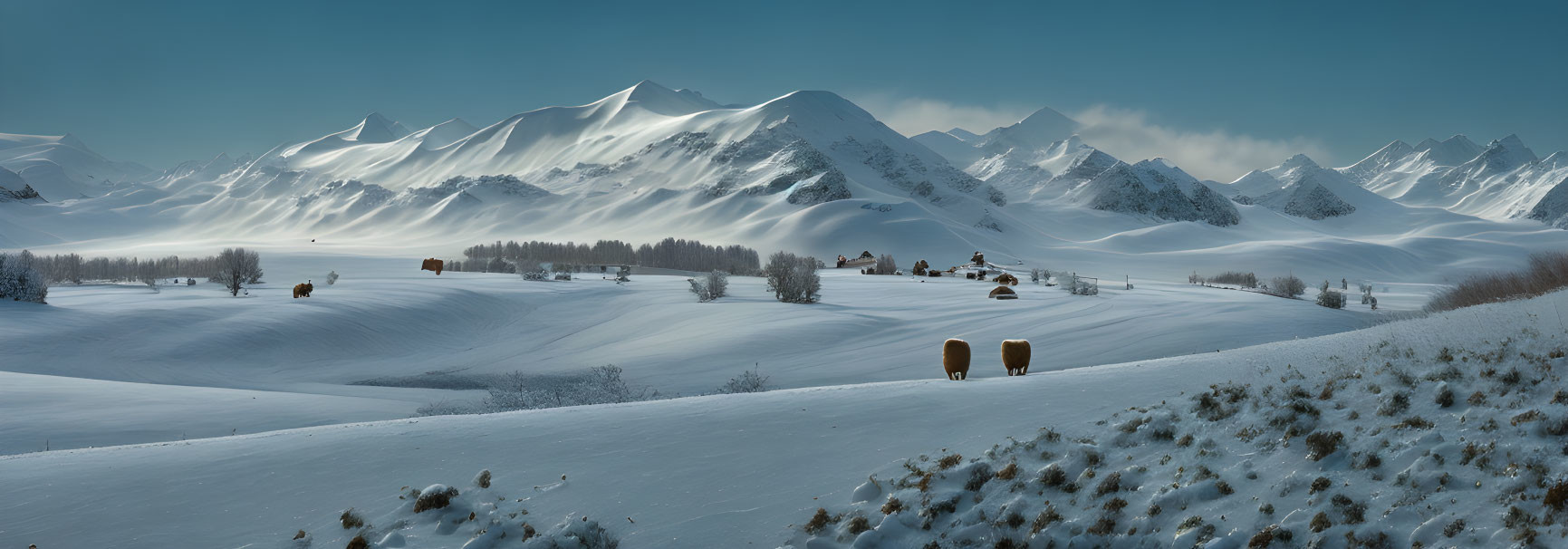 Snow-covered hills, hay bales, and mountains in panoramic winter landscape