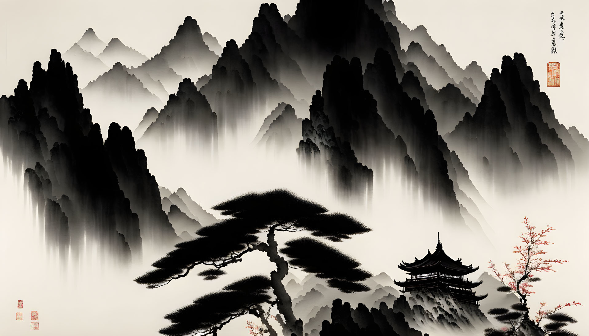 Chinese Ink Painting: Misty Mountain Peaks with Pagoda and Pine Tree