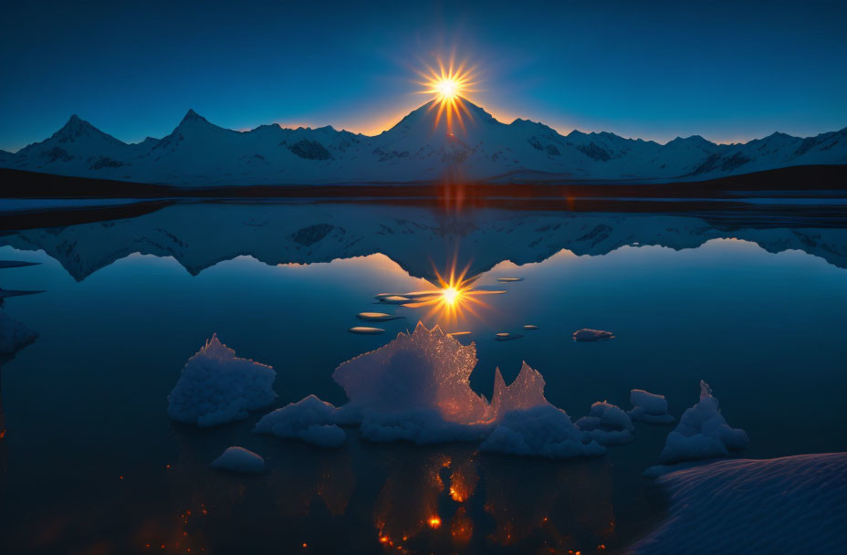 Snowy Mountain Peaks Reflecting Serene Sunset in Calm Lake