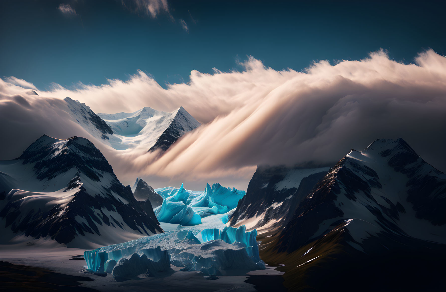 Snowy Peaks and Glacier in Dramatic Mountain Landscape