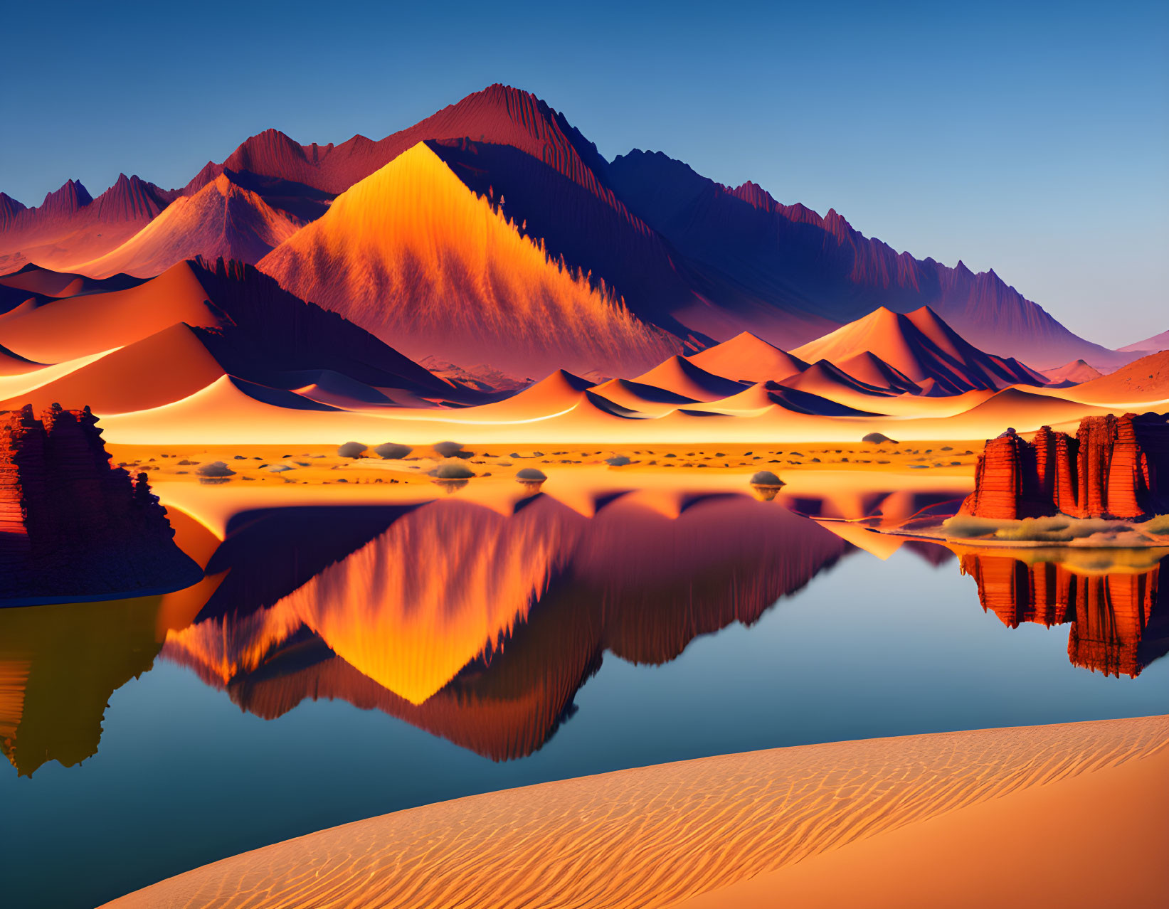 Vibrant orange dunes, rugged mountains, reflective lake in serene landscape