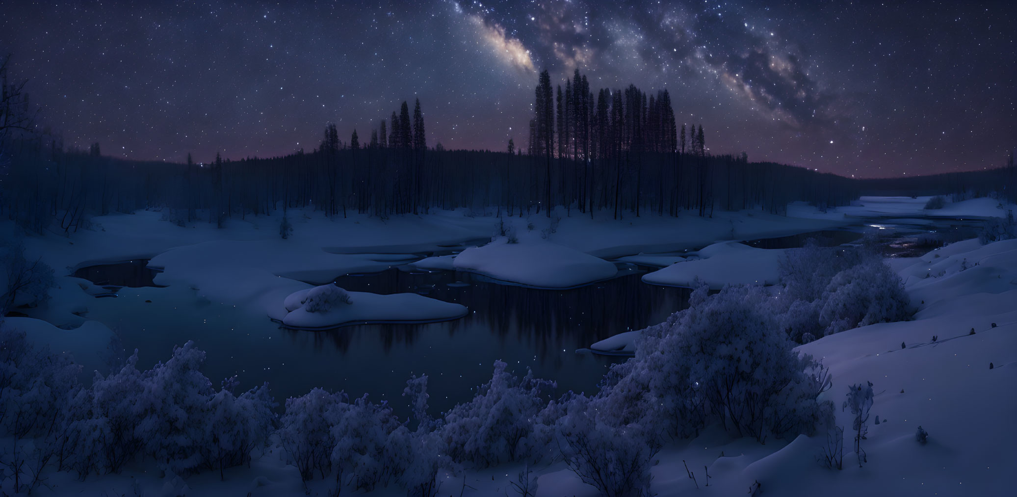 Snow-covered forest and river under starry winter sky