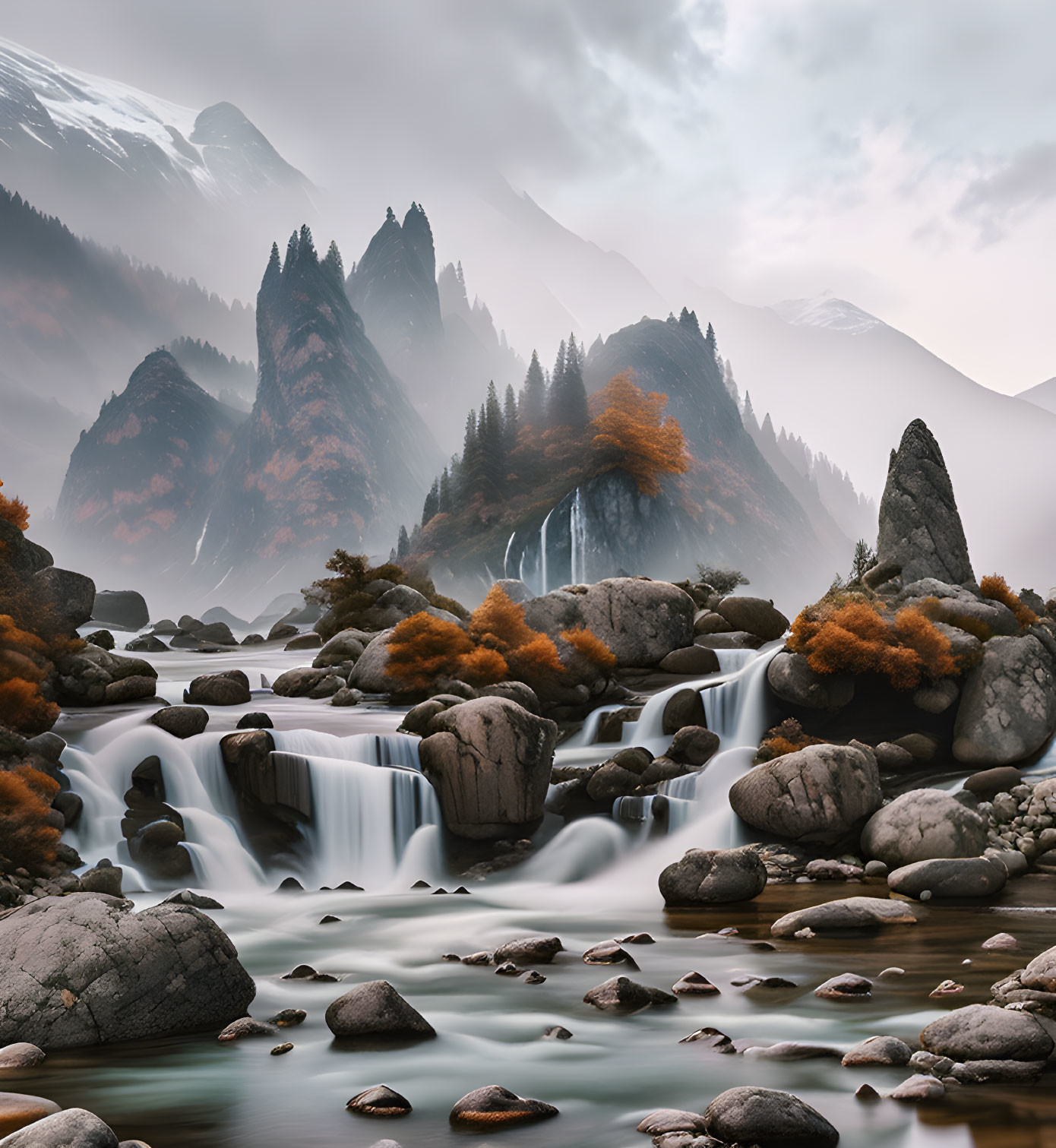 Misty waterfalls and autumn trees in serene landscape