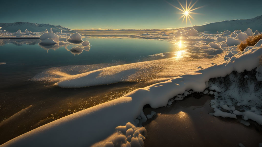 Winter Scene: Snowy Landscape, Ice Formations, Calm Lake, Mountains, Clear Sky