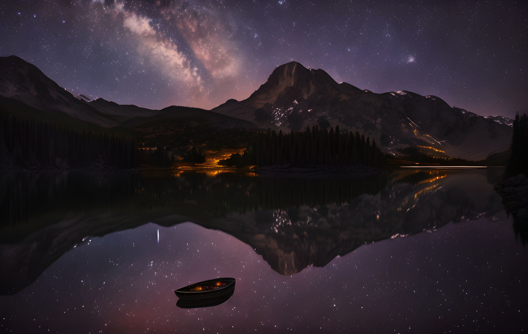 Night Sky Over Mountain Lake with Boat