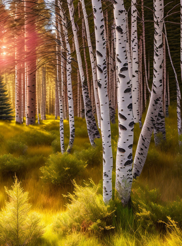 Sunlight filtering through birch forest, warm light on trees and golden underbrush