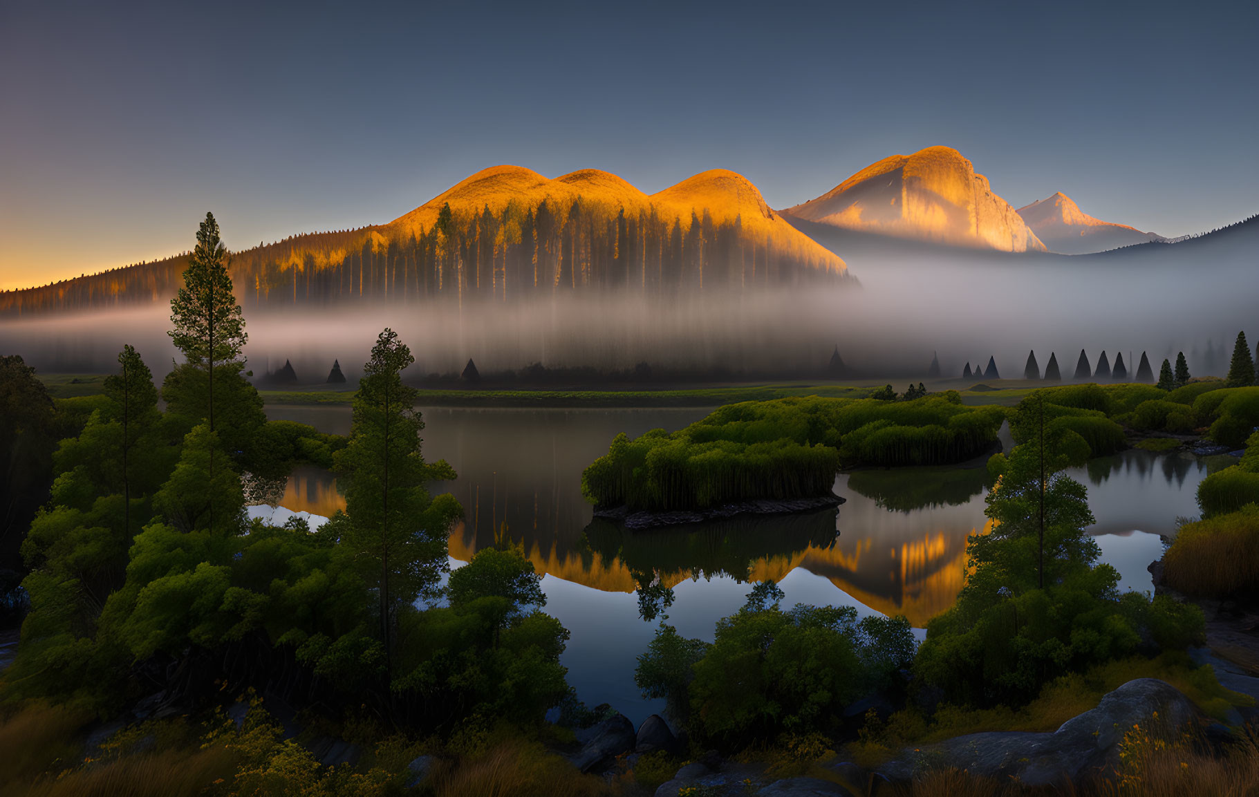 Tranquil Sunrise Landscape with Misty Lake and Backlit Trees