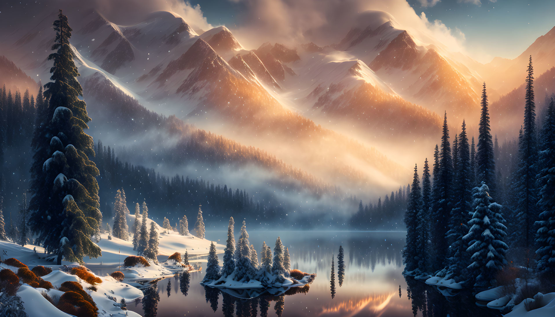 Snow-covered mountains, pine trees, and a serene lake in winter sunlight