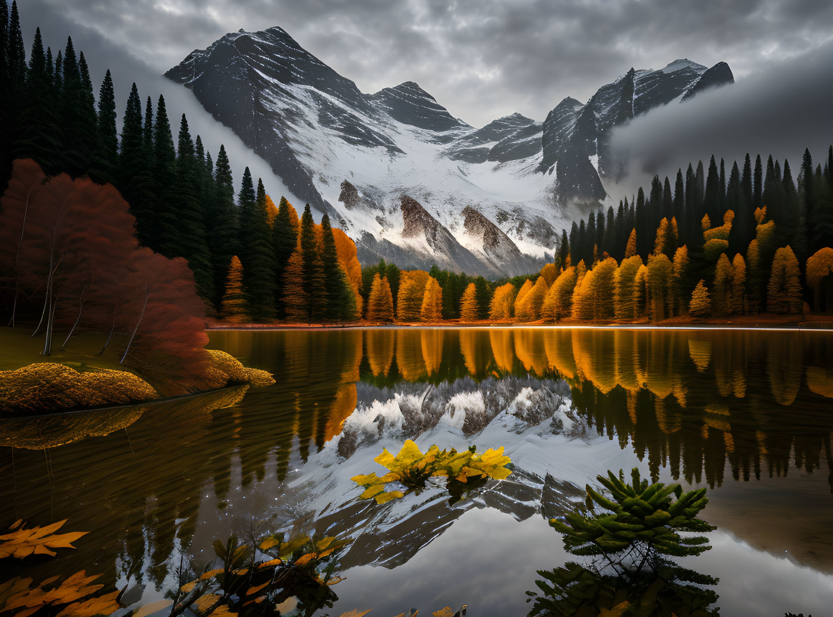 Snow-capped mountains reflected in serene autumnal lake with colorful foliage.