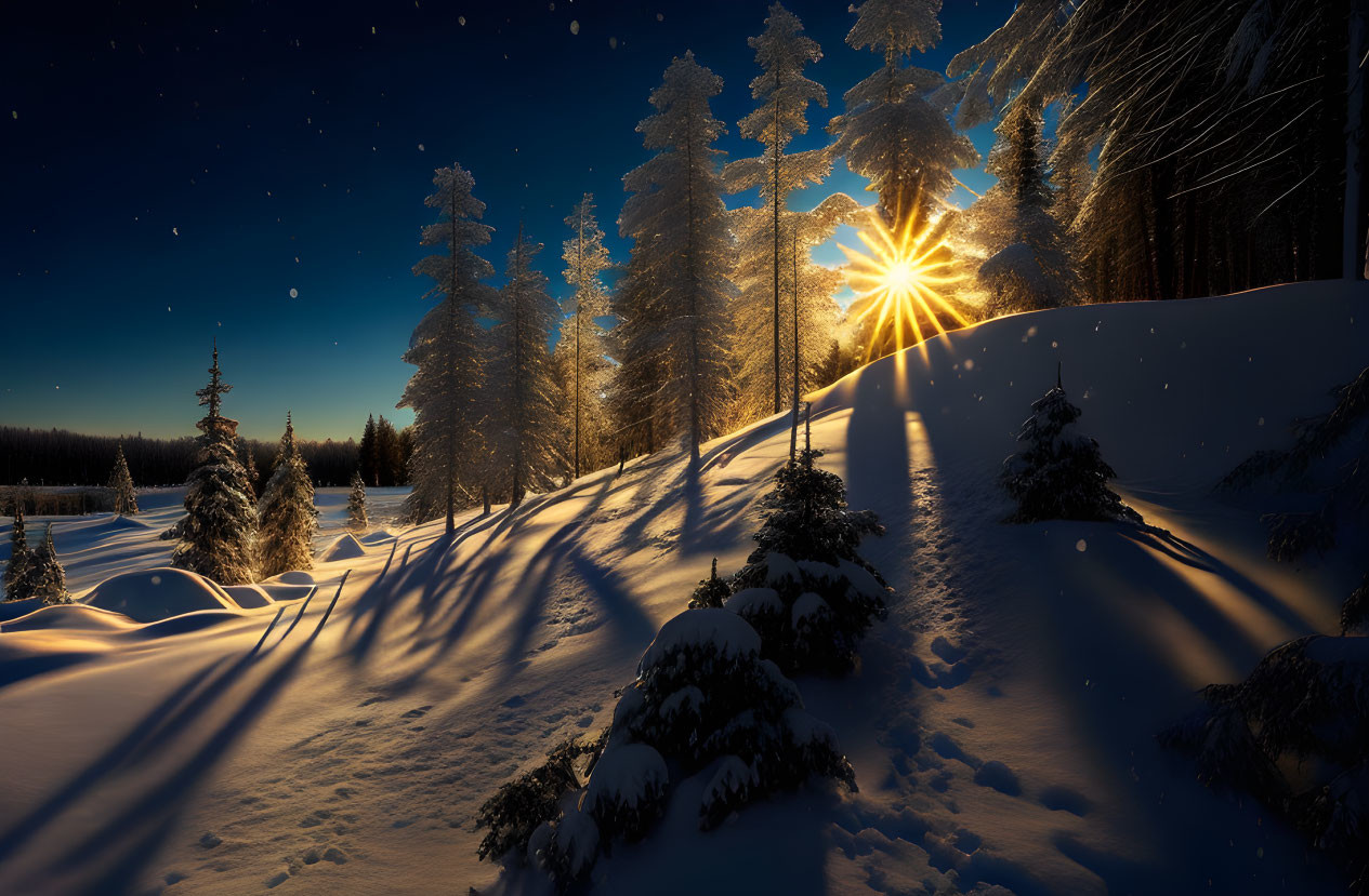 Snow-covered trees at dusk with sunbeams and long shadows on pristine snow.