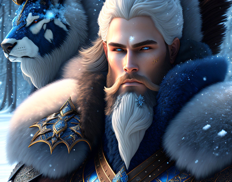 White-haired man with blue eyes and snow wolf in wintry scene with gold and fur attire