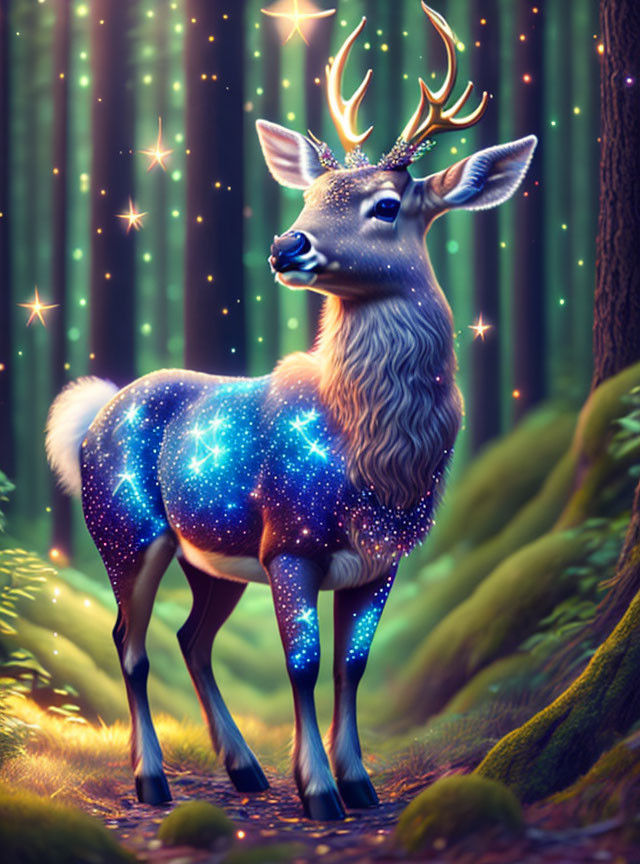 Starry Night Sky Deer in Enchanted Forest