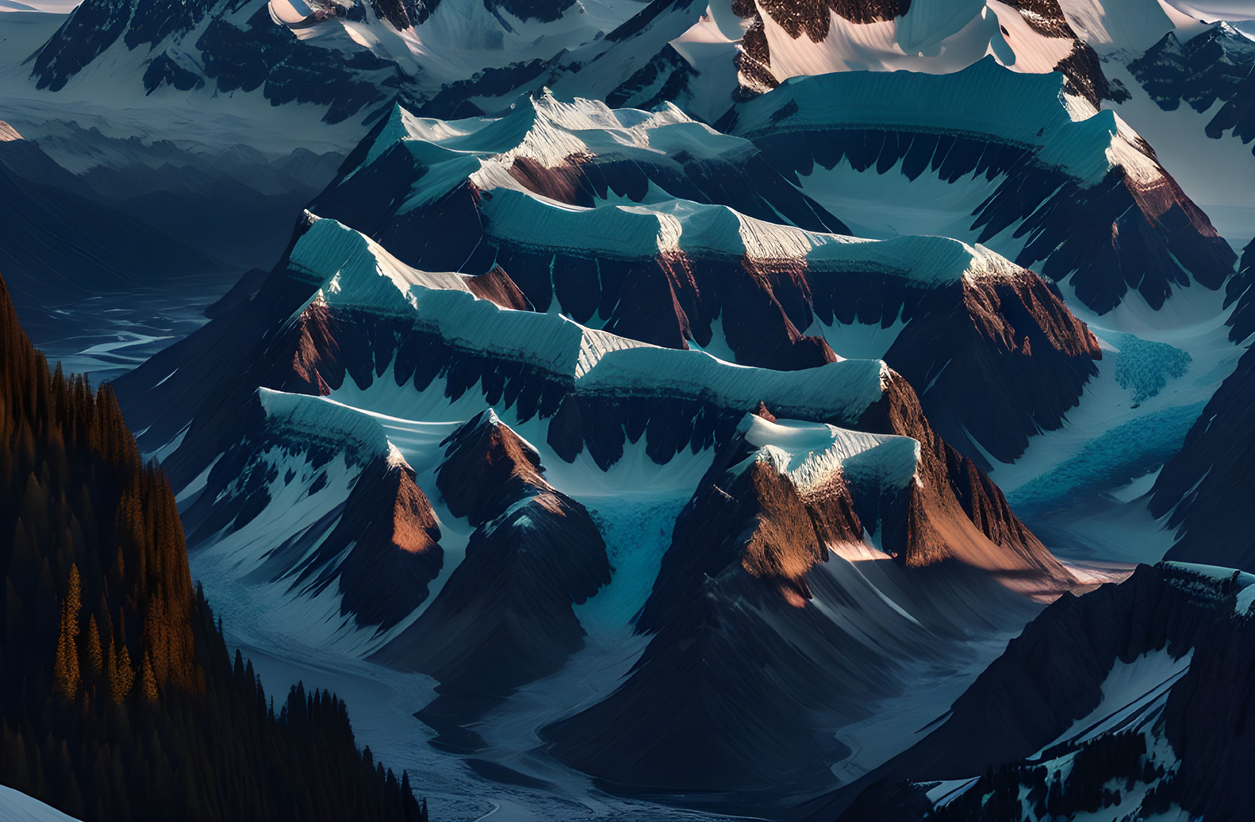 Snow-capped peaks and coniferous forests in aerial mountain view