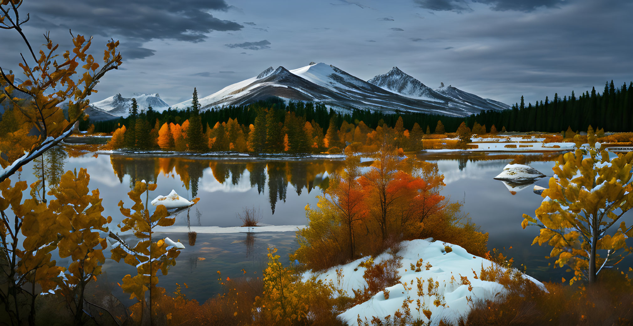 Tranquil lake with autumn trees, snowy banks, and mountains in dusky sky