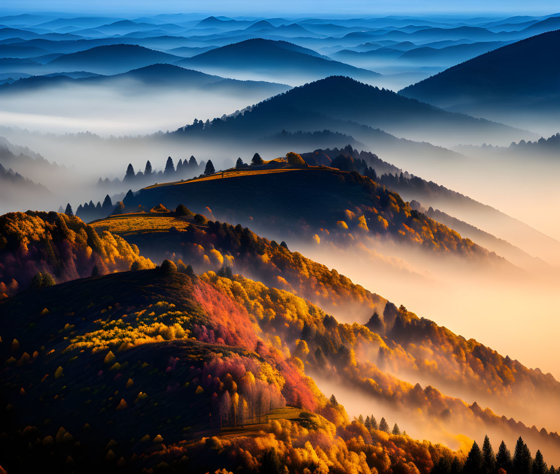 Autumn foliage on rolling hills under misty sunlight: blue and golden layers