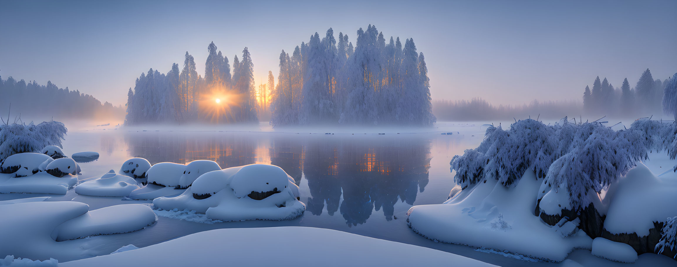 Snow-covered trees and calm lake in serene winter sunrise