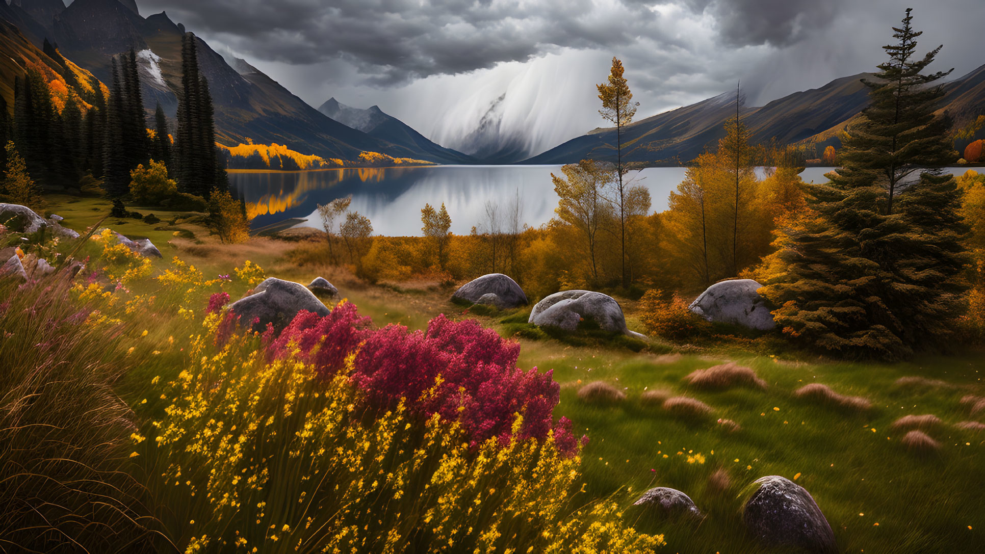 Scenic autumn landscape: lake, mountains, colorful trees, dramatic sky