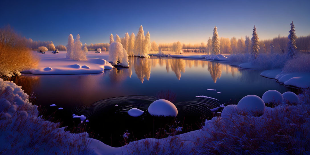 Snowy River Landscape with Orange Sky at Sunset or Sunrise