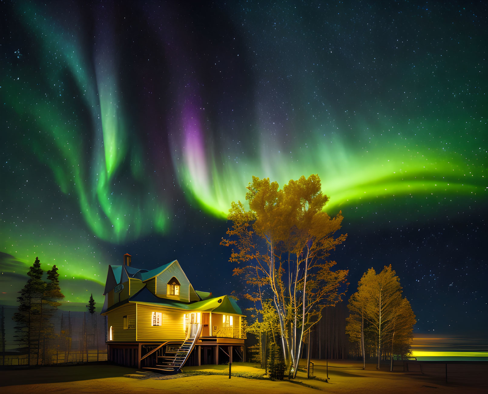 Northern Lights shine over house in forest with twinkling stars