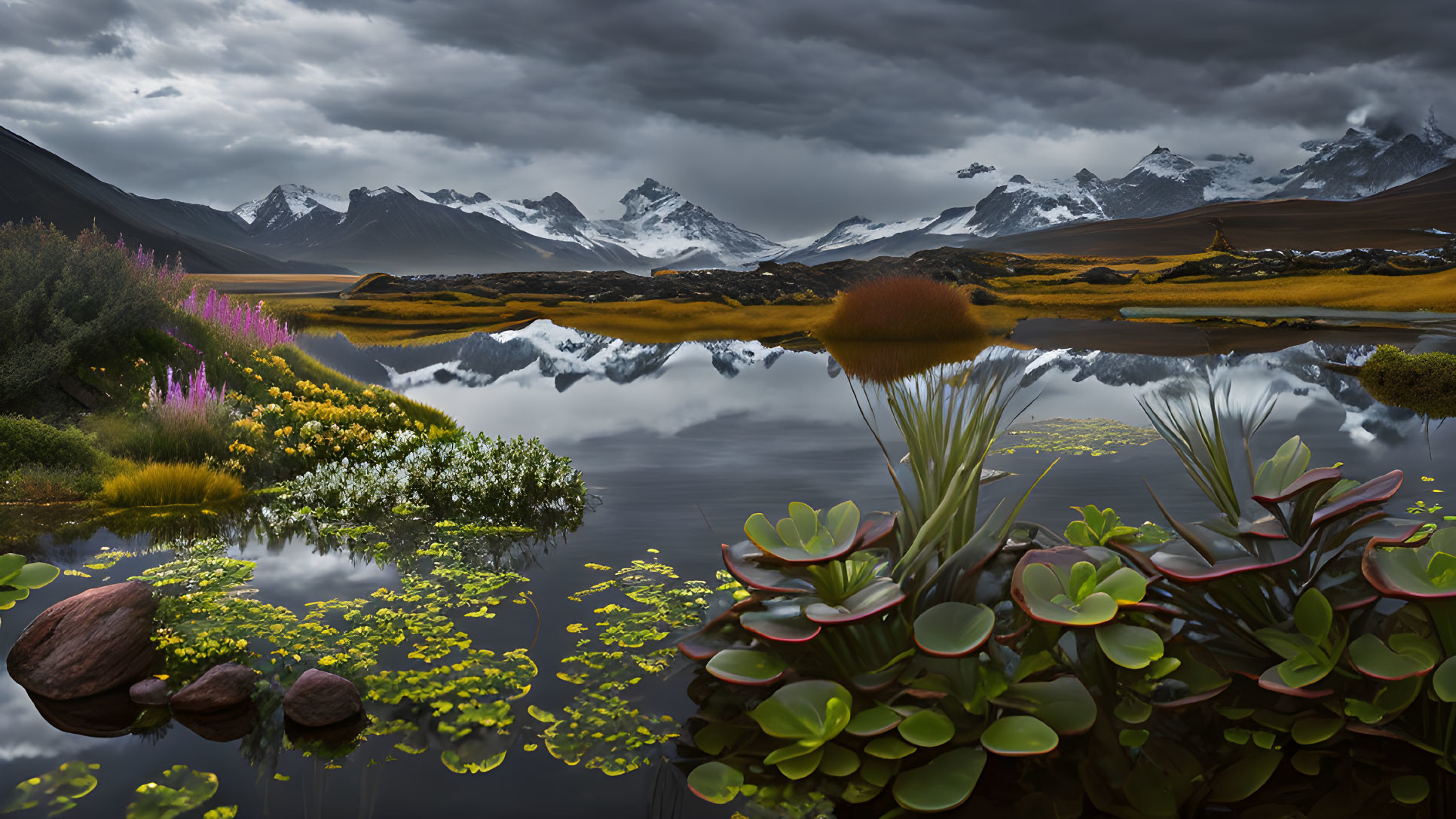 Snow-capped mountains reflected in serene alpine lake with vibrant wildflowers, lush vegetation, and mo