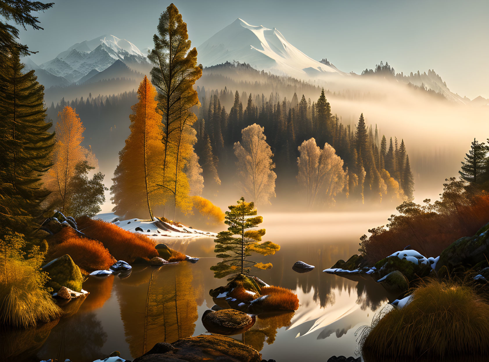 Tranquil autumn forest scene with misty lake and snow-capped mountains