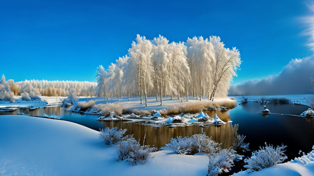 Snow-covered Winter Landscape with River, Frosty Trees, and Blue Sky