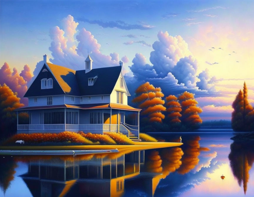 Tranquil lakeside house painting at dusk with orange trees and reflective waters