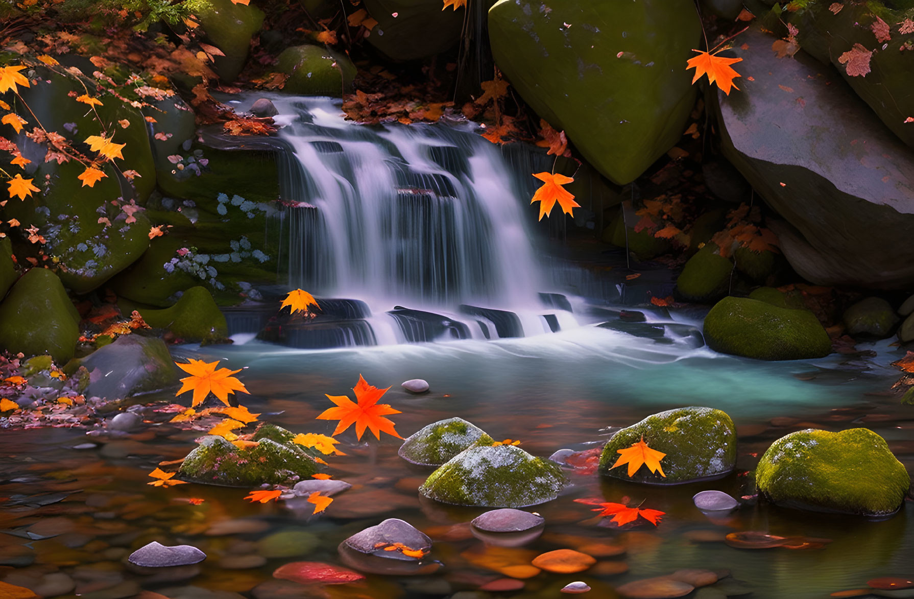 Tranquil waterfall scene with mossy rocks and autumn leaves