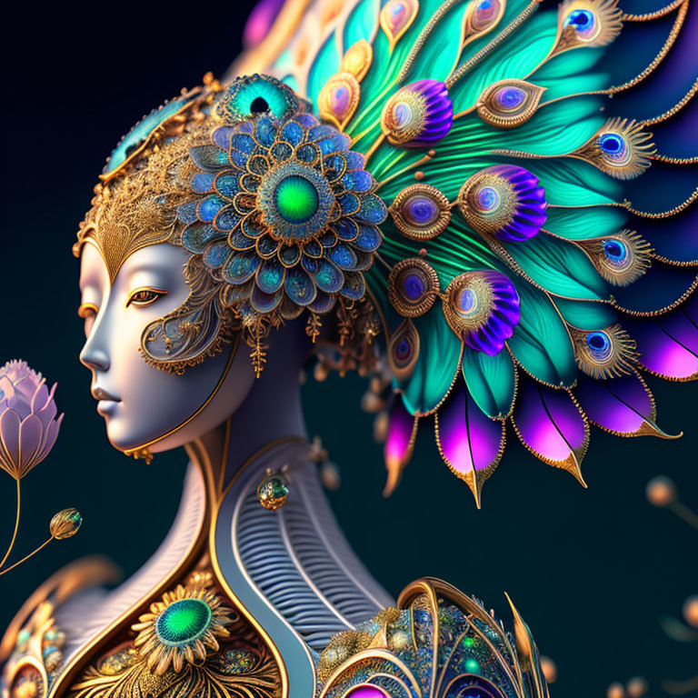 Feminine figure with peacock feather headdress and gold filigree on dark background