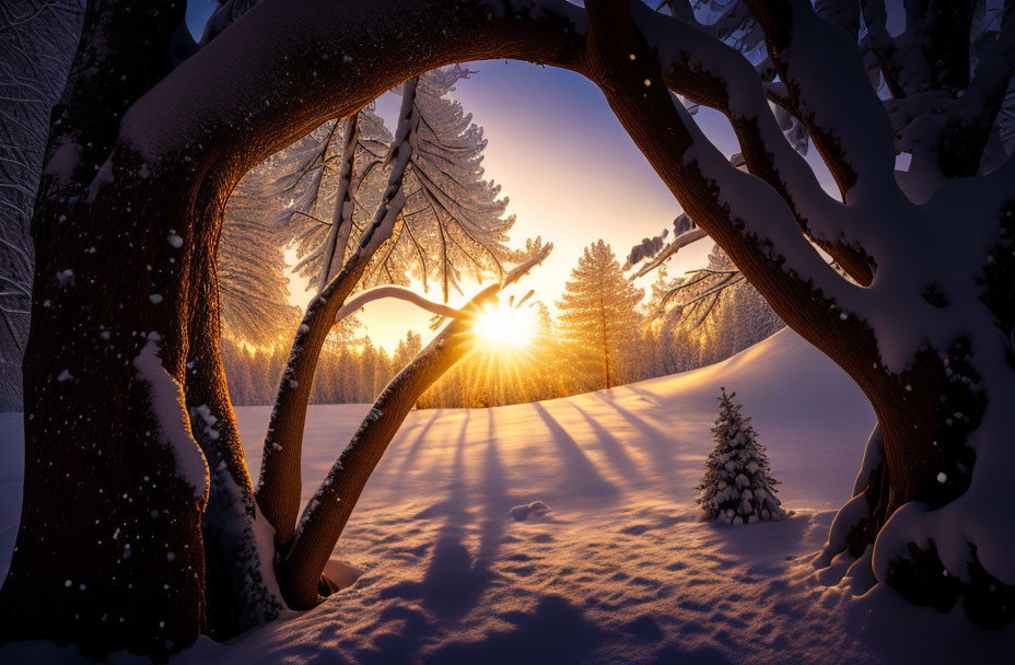 Snow-covered natural archway at sunrise in snowy landscape