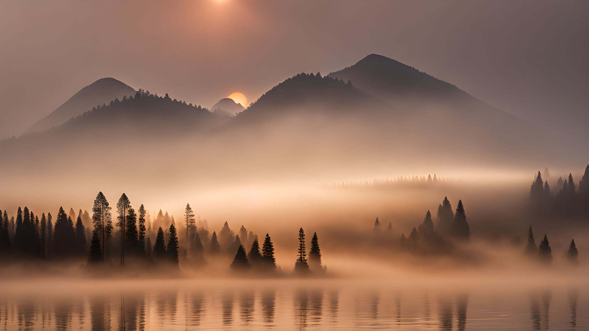 Misty Lake Sunrise with Tree Silhouettes and Mountains