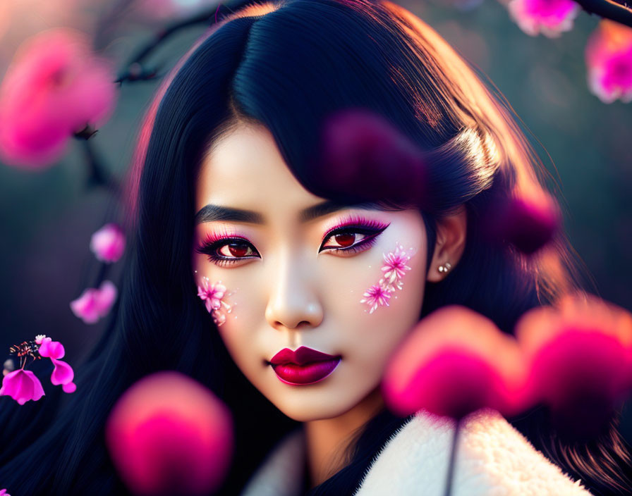 Woman with dark hair and bold makeup in pink cherry blossoms