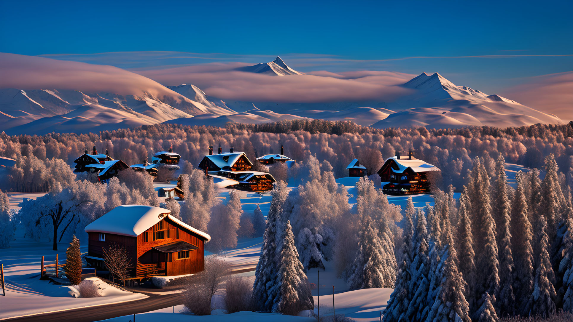 Snow-covered chalets and frosty trees in tranquil winter scene with distant mountain peaks under vivid blue sky