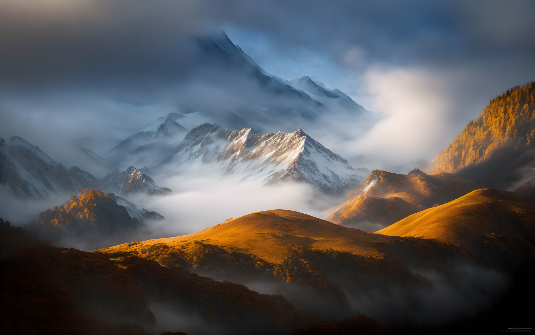 Sunlit rolling hills and mist-covered mountain peaks under a dramatic sky