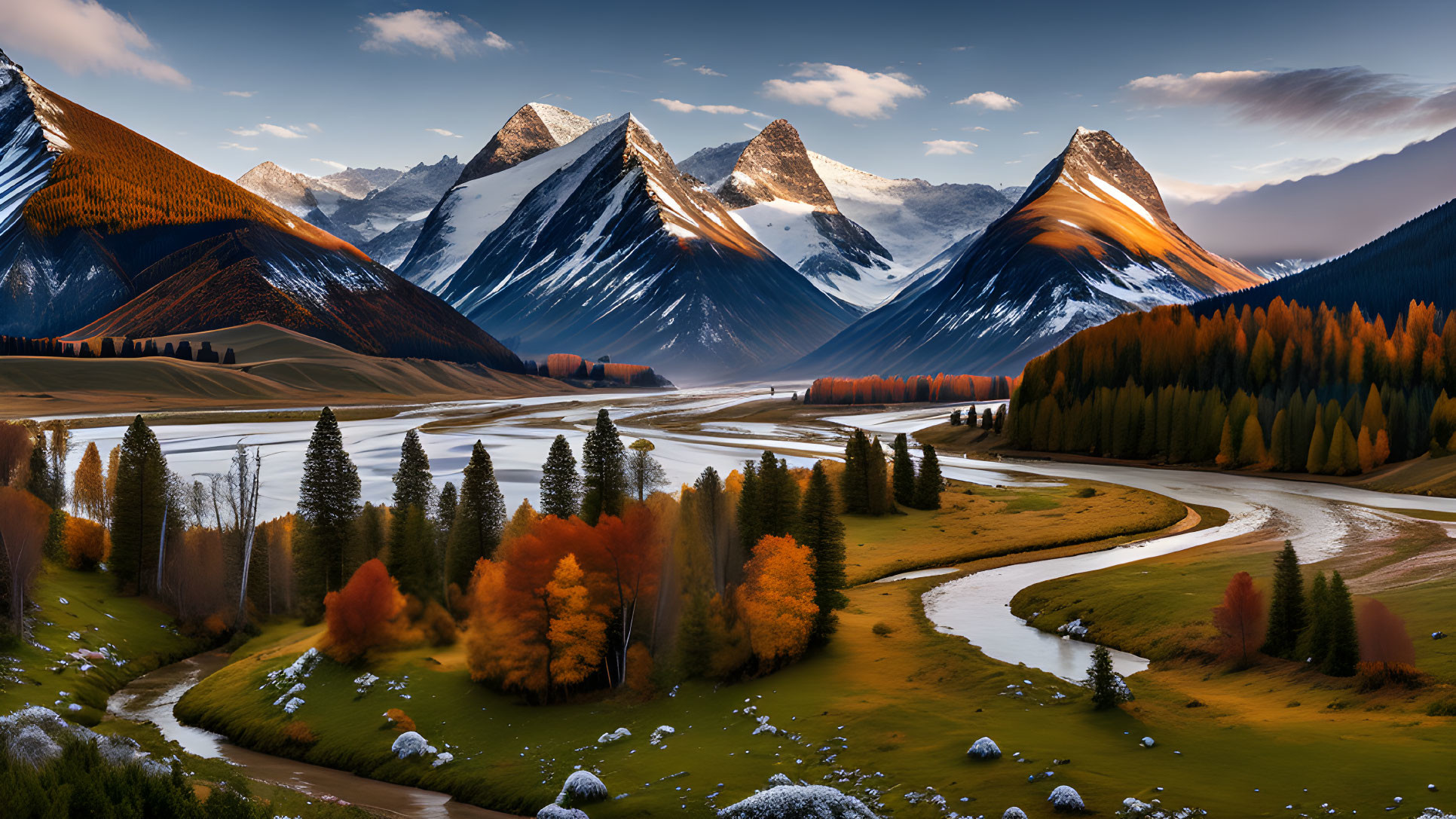 Snow-capped peaks and autumn forests by meandering river