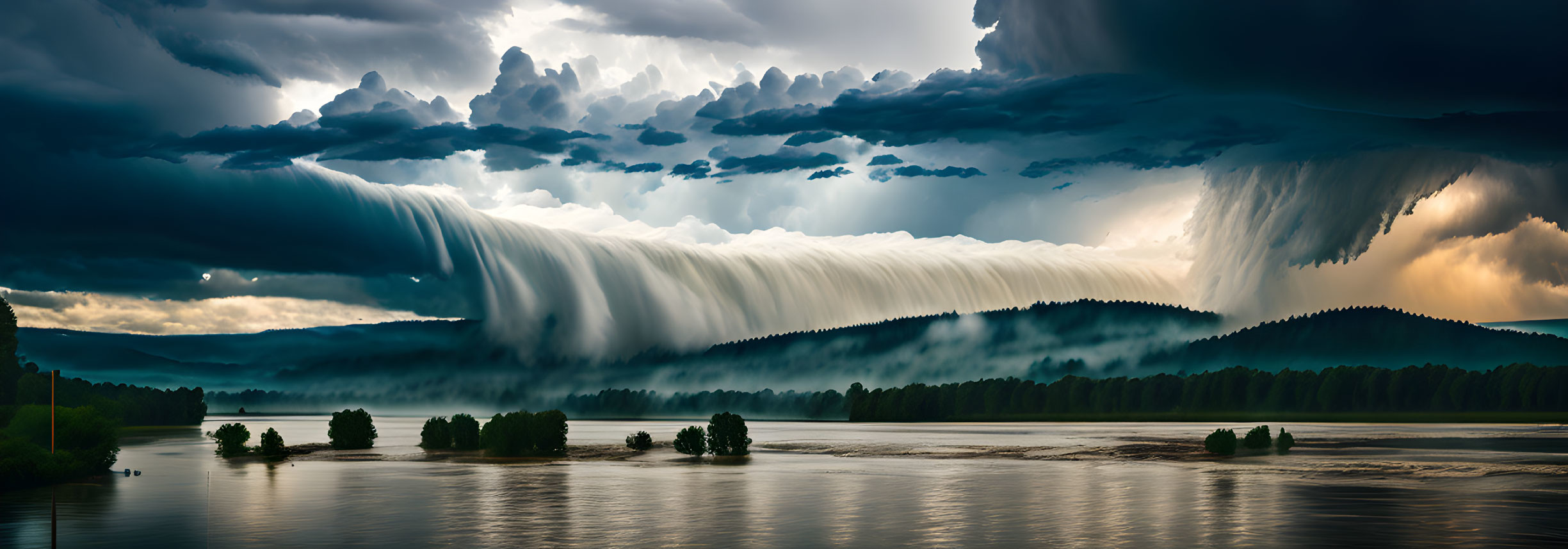 Dramatic storm with heavy rainfall over serene lake