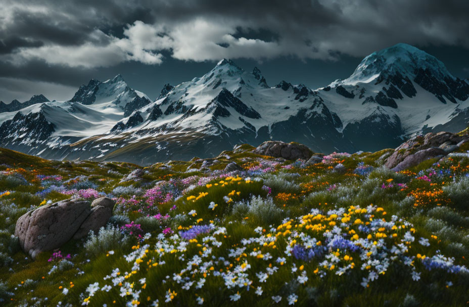 Colorful Wildflowers in Meadow with Snow-Capped Mountains