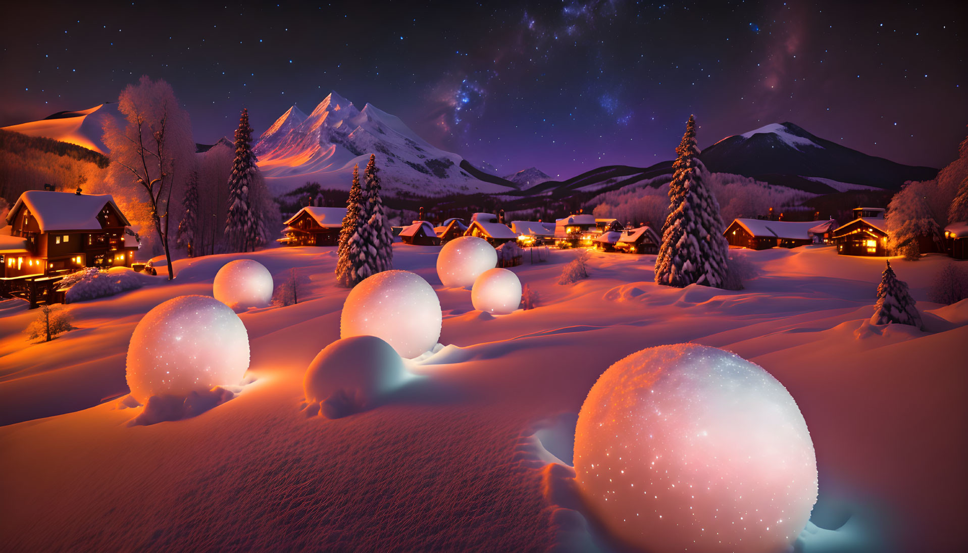 Snowy Winter Night Scene with Glowing Spheres and Cozy Cottages