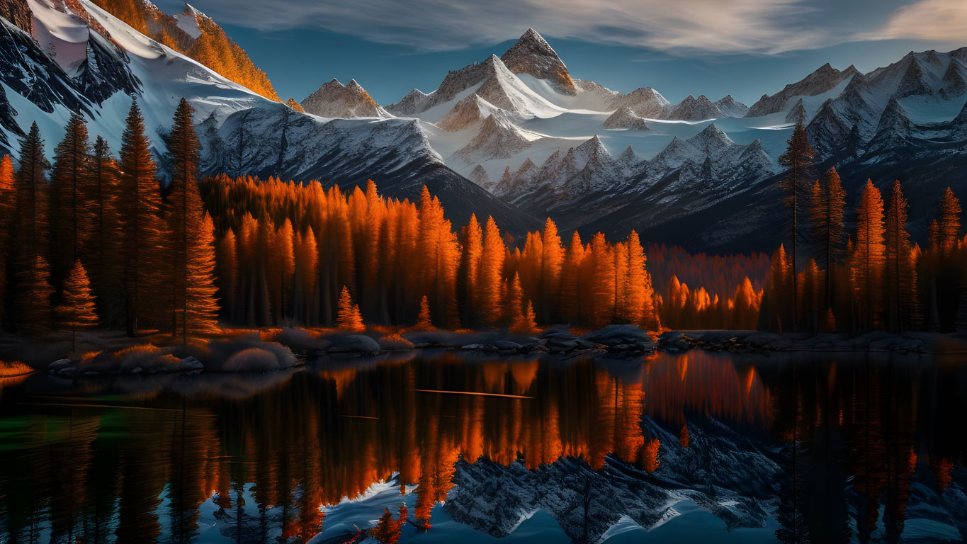 Serene alpine landscape with autumn trees, lake, and snow-capped mountains