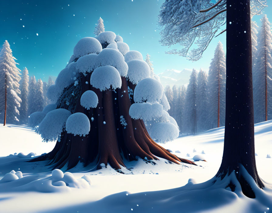 Snow-covered tree in serene winter forest scene under twilight sky