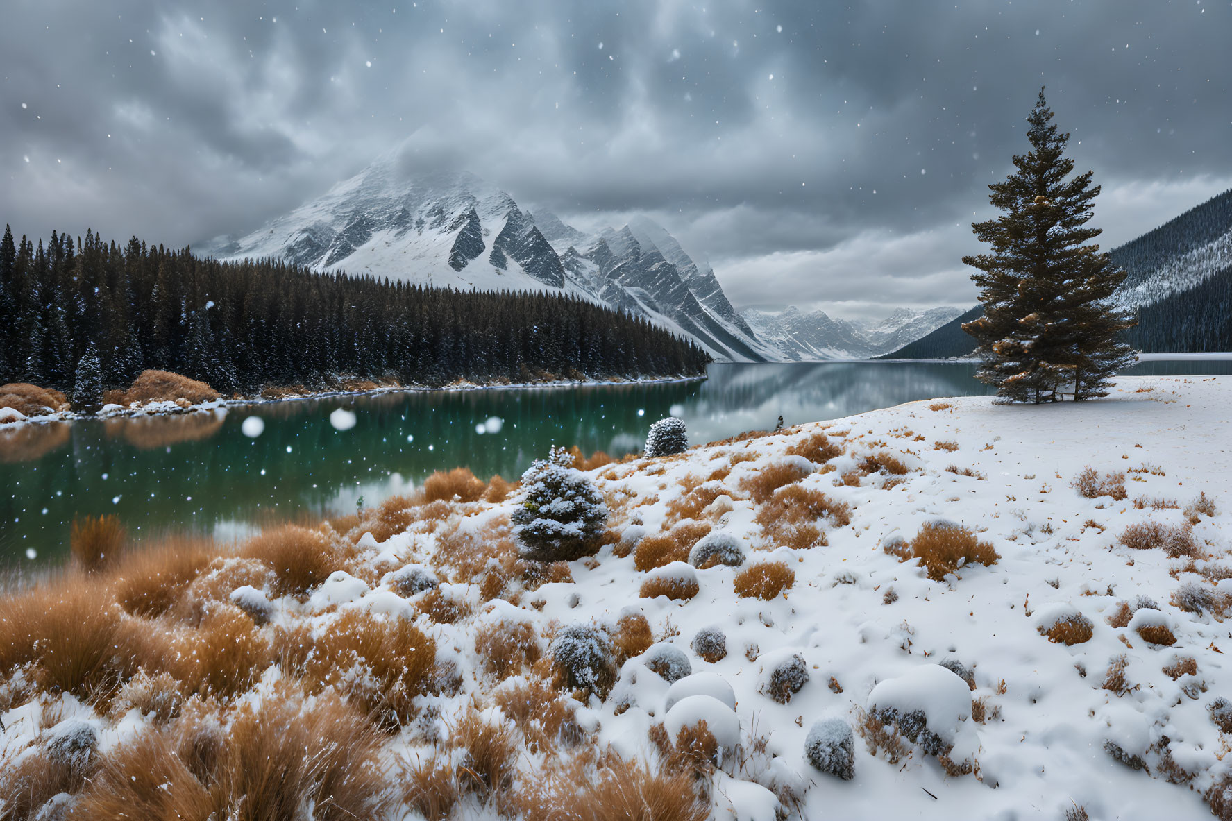 Snow-covered winter landscape with pine tree, lake, and mountains.