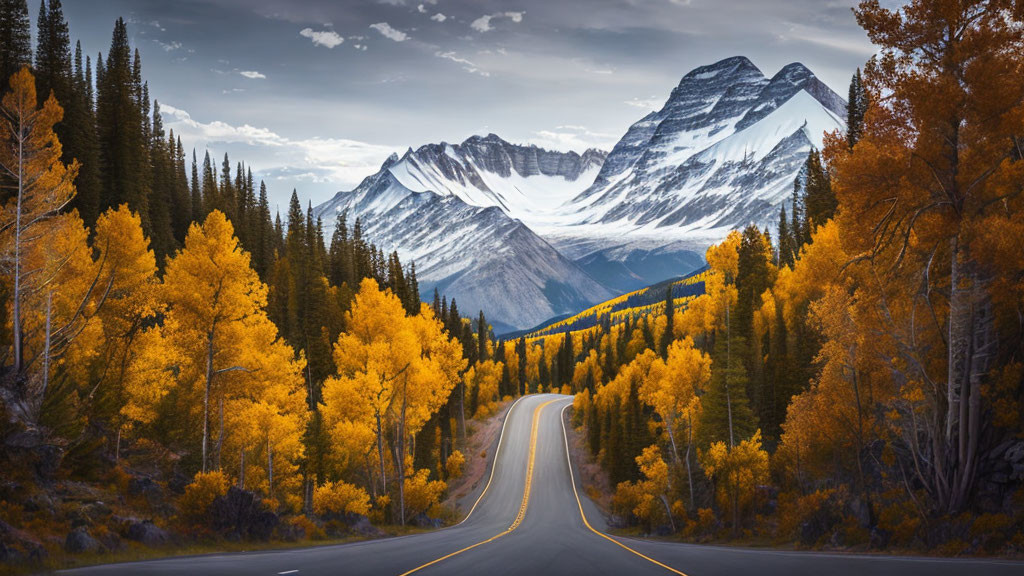 Scenic autumn road with snow-capped mountain view