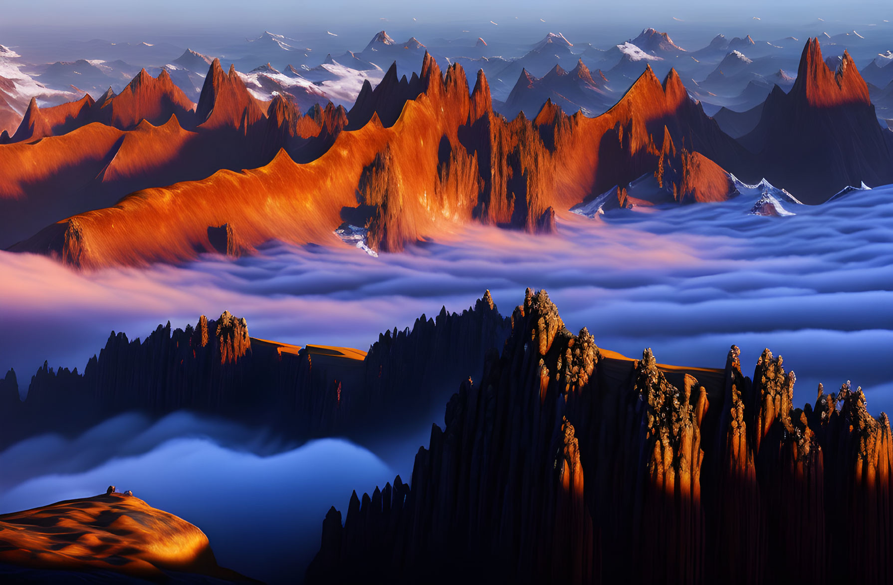 Sunlit Mountain Peaks Over Cloudy Sea at Sunset/Sunrise