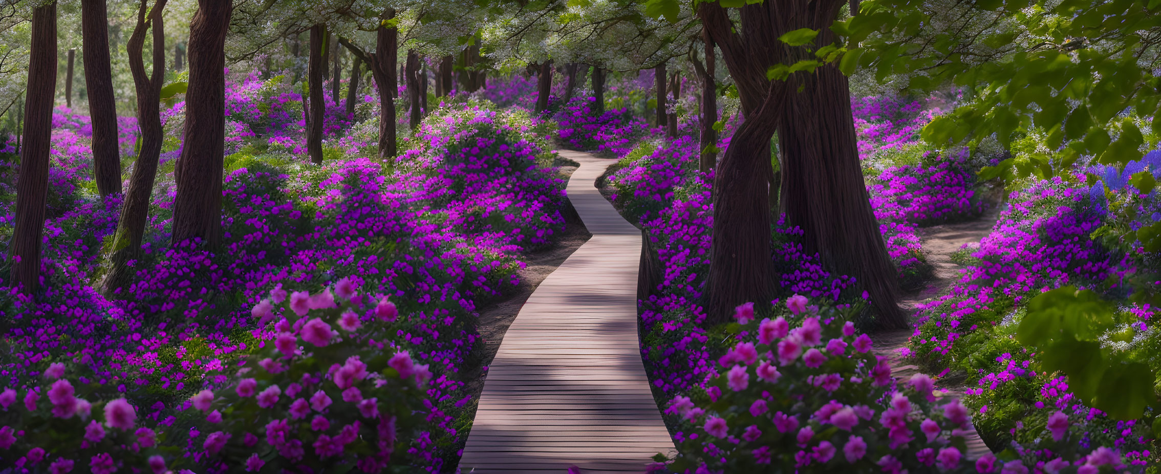 Tranquil forest boardwalk with vibrant purple flowers